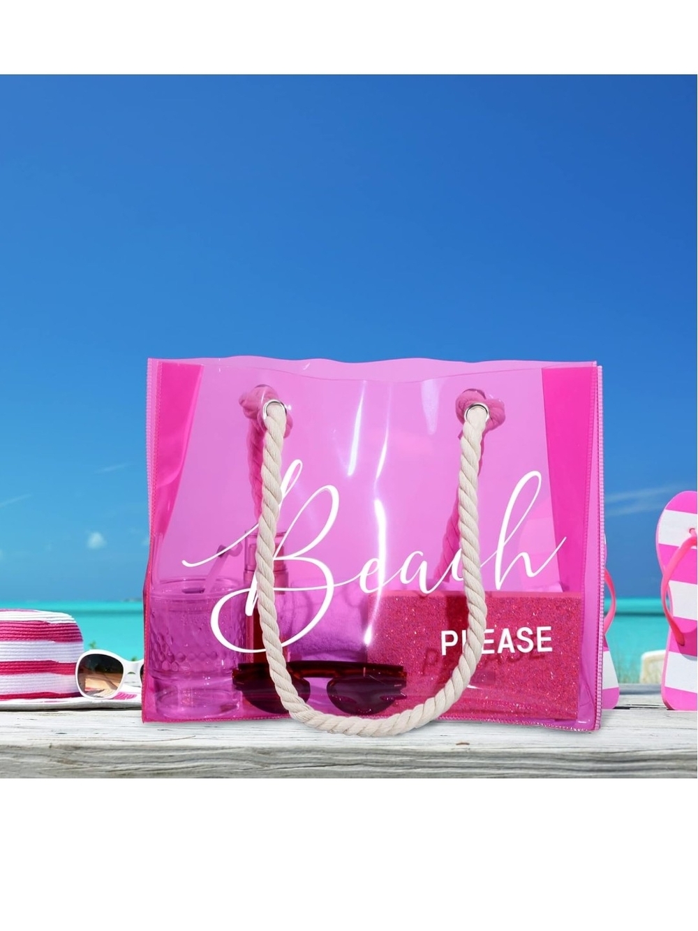 Pink Clear Beach Tote with Rope Handles